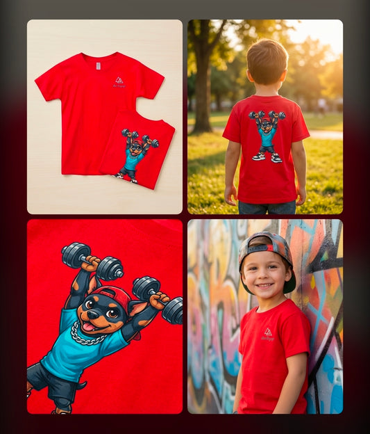 AceEngage Kids' Strong Dog Graphic Tee – Red